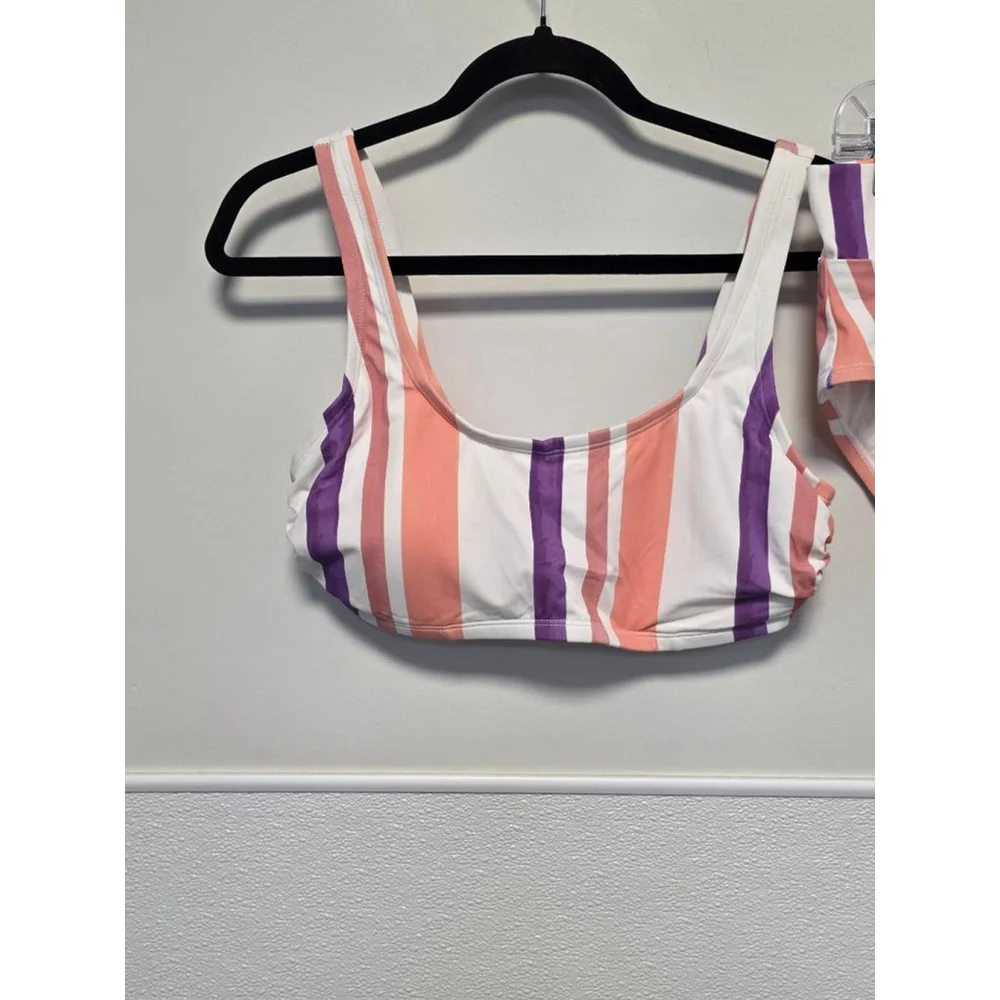 Women's Cupshe White Peach Purple Striped‎ High Waist Bikini Set 0X